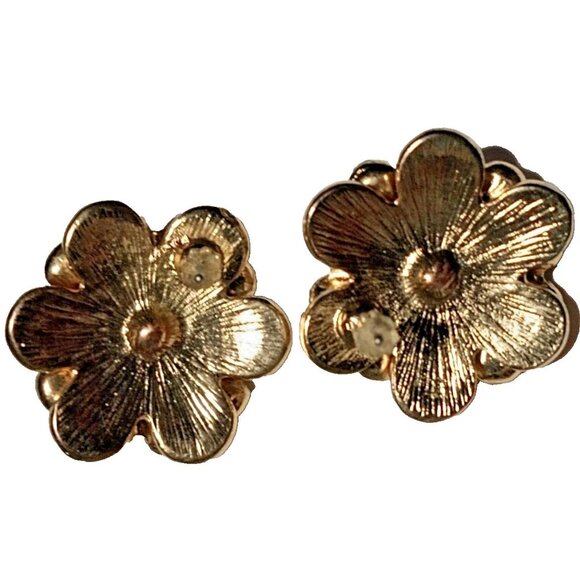 VINTAGE Pink Enamel Rose Stud Earrings Rhinestone Guilloche Limoges Style Flower - Picture 7 of 8